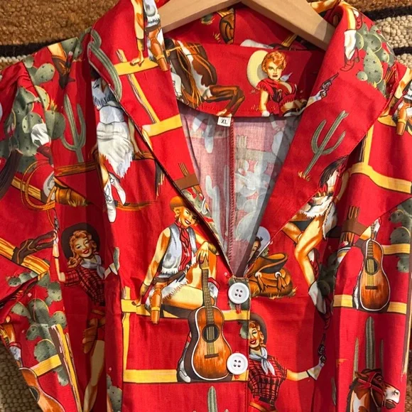 Retro Inspired Western Cowgirl Red Patterned Women's Dress 🌵 - Picture 3 of 7
